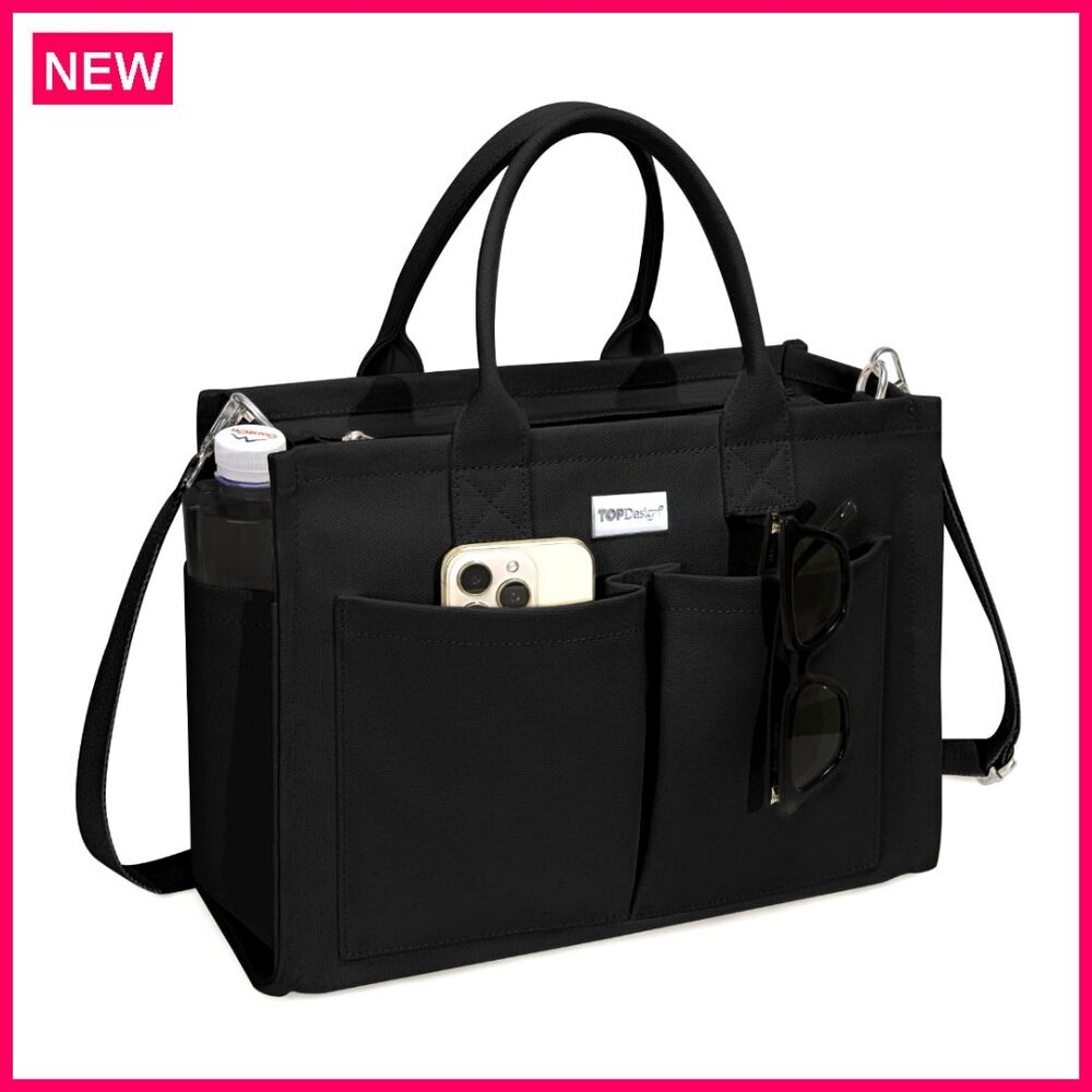 Heavy-Duty Canvas Tote Bag with 9 Pockets, Adjustable Strap, 14x10.5x6.5in